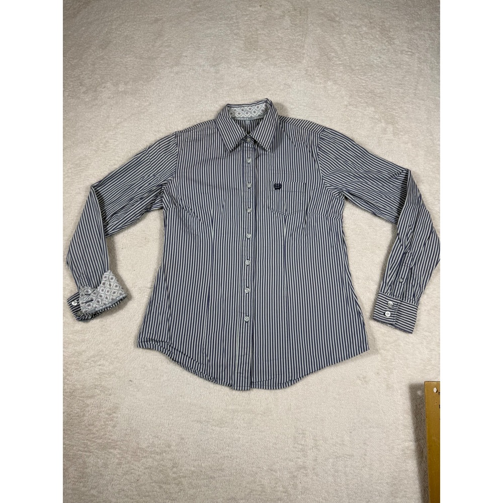 Cinch Button Down Shirt Womens Medium Navy White Striped Cotton MSW9164075